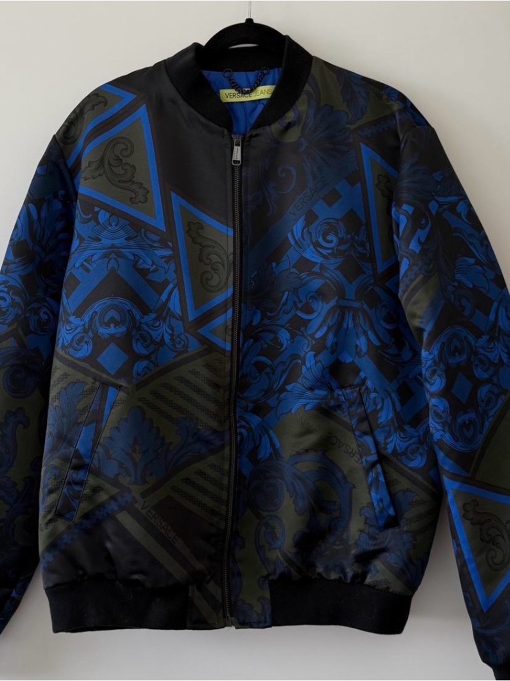 Versace Jeans Collection Black & Vibrant Blue Baroque Bomber Jacket